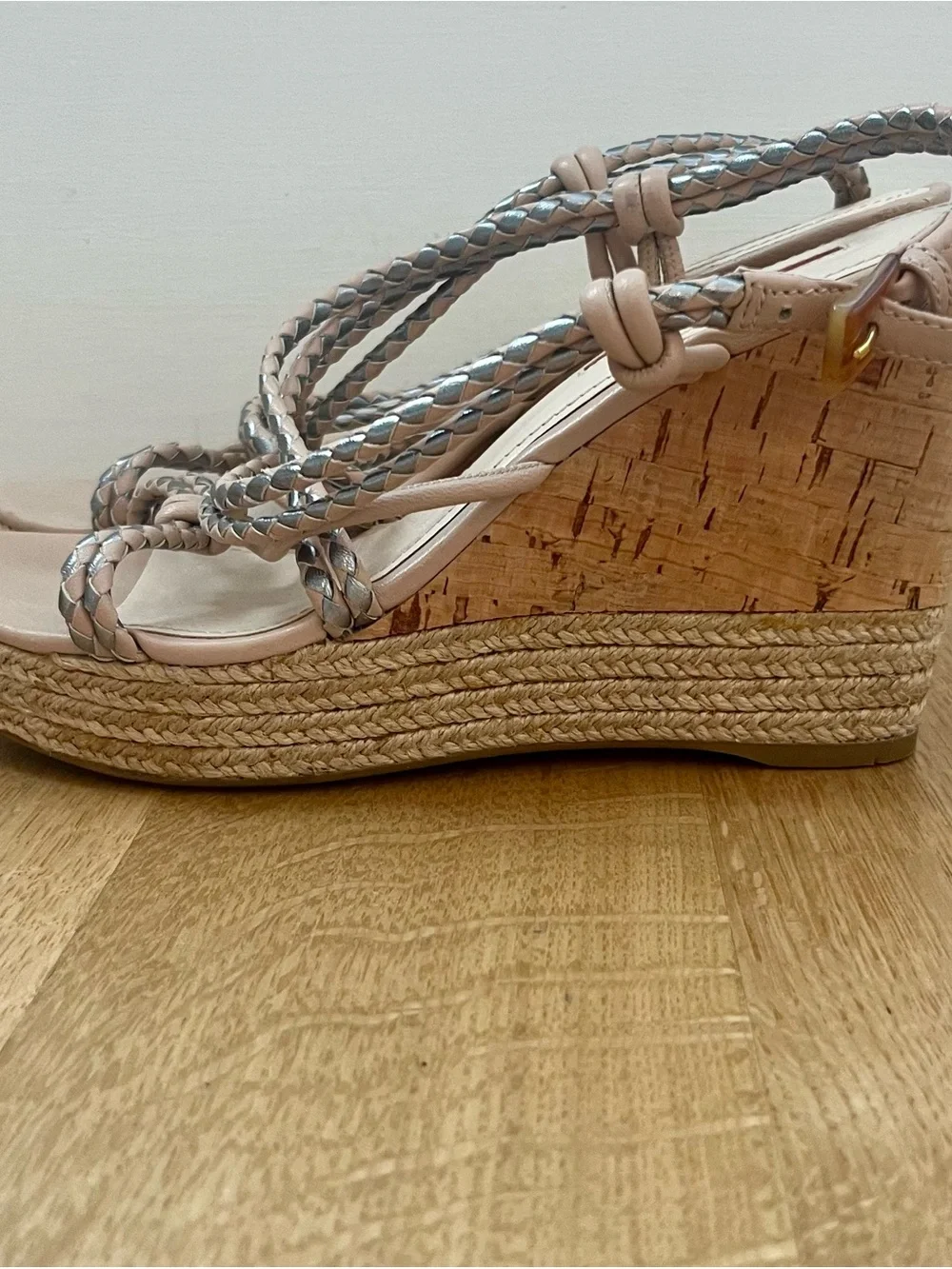 Prada Espadrille Cork Wedge Woven Strappy Tan Silver Pink Sandals Size EU 7/US 7